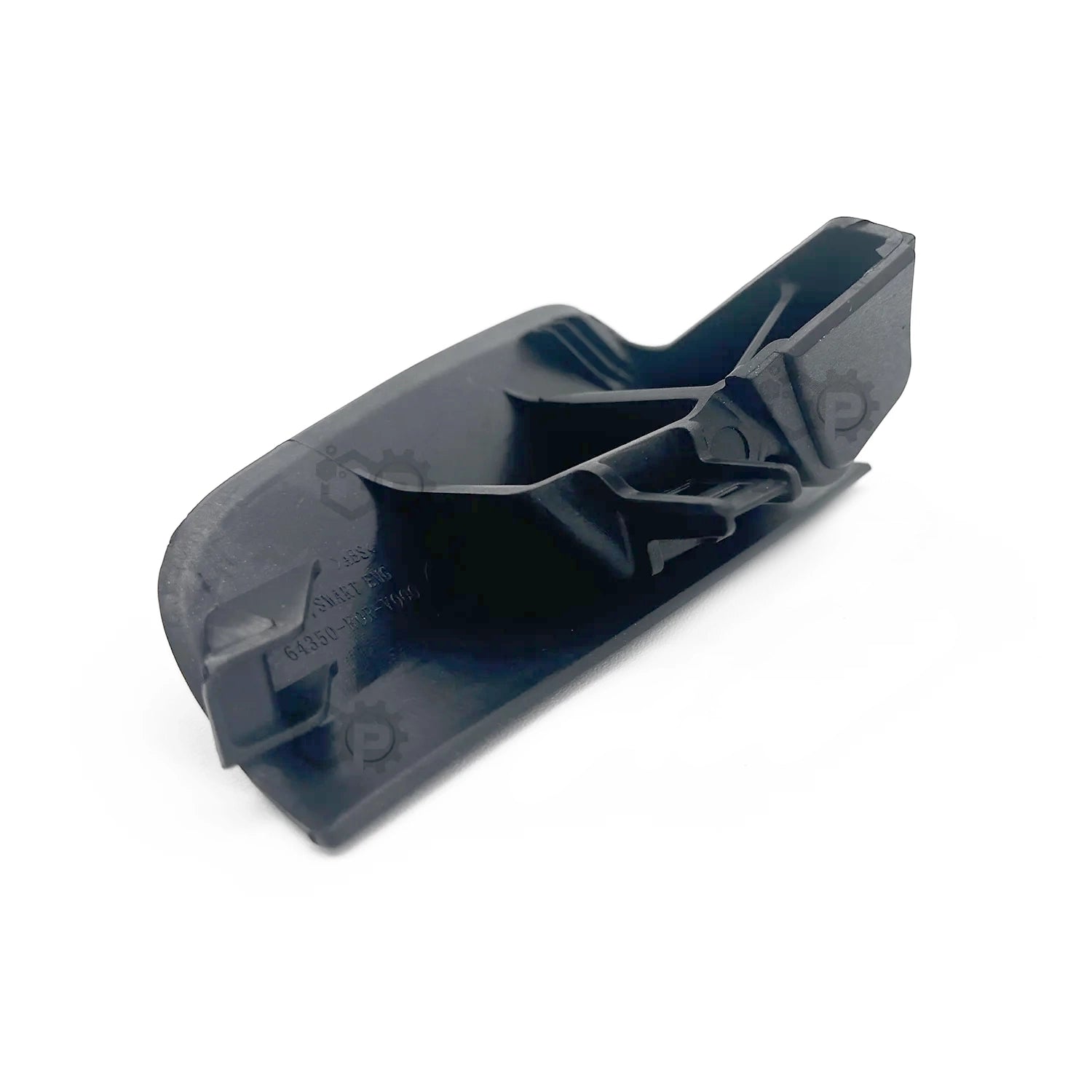 Black plastic component on a white background