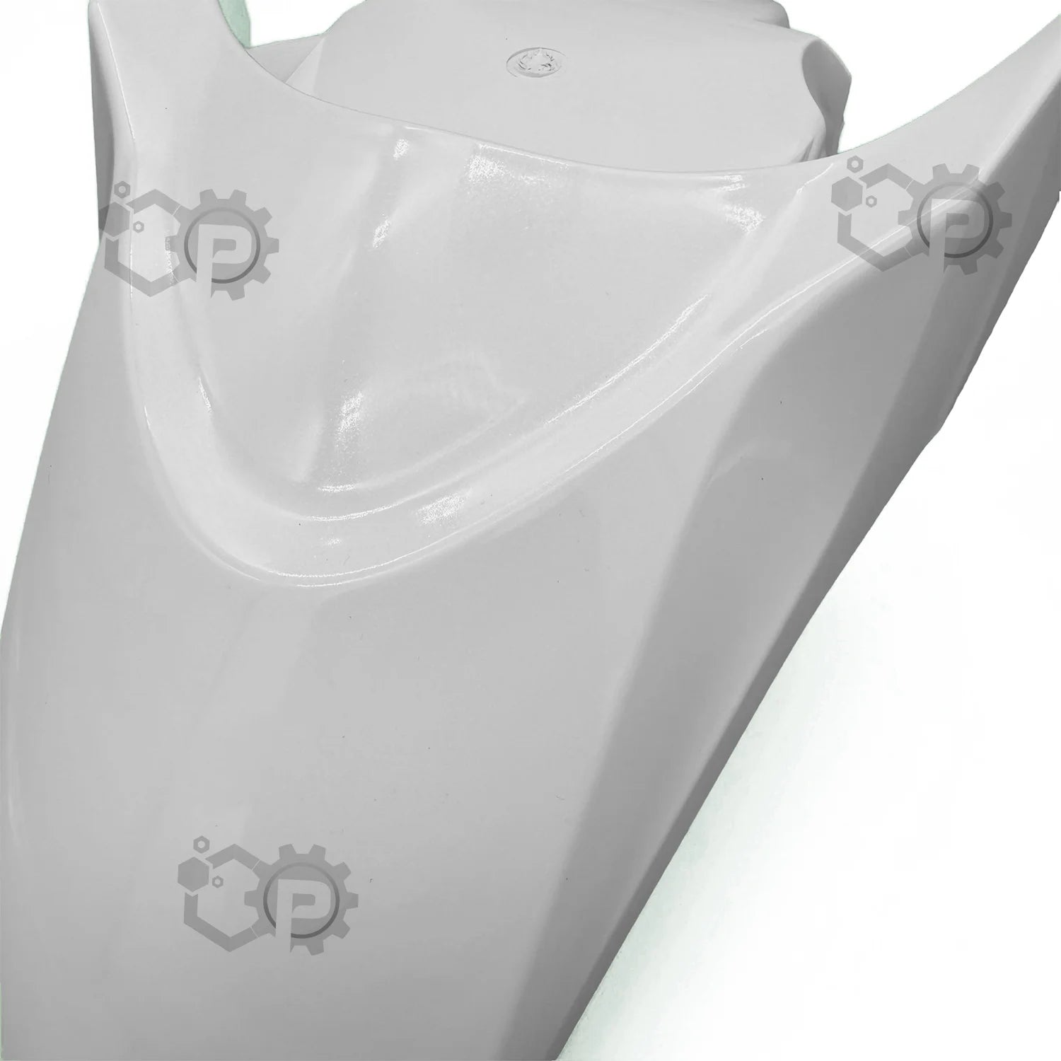 Close-up of a white motorcycle with a visible brand logo on a light gray background