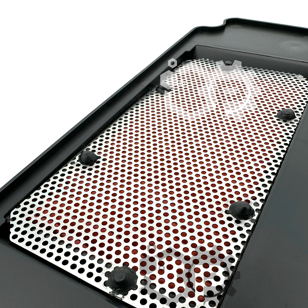 Metallic cooling grid with perforated design on a black background