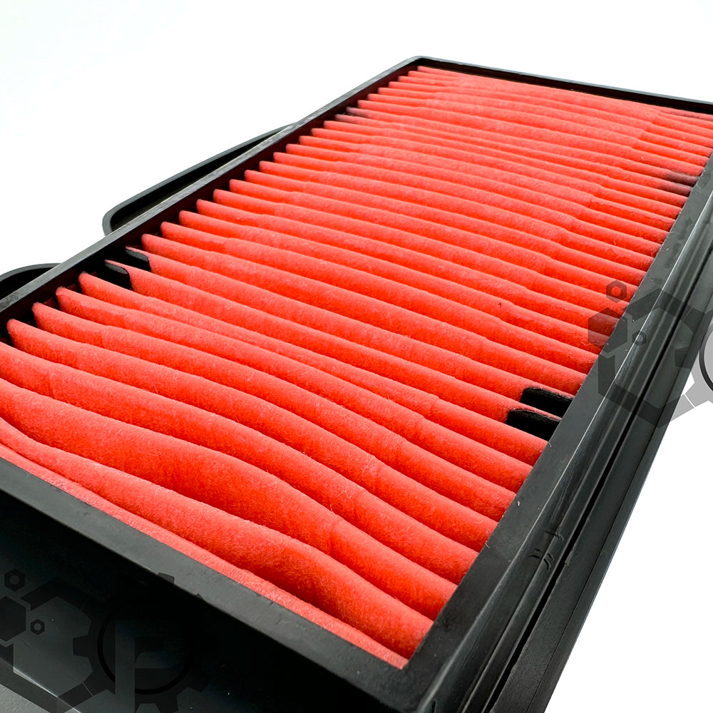 Red air filter in a black frame on a white background