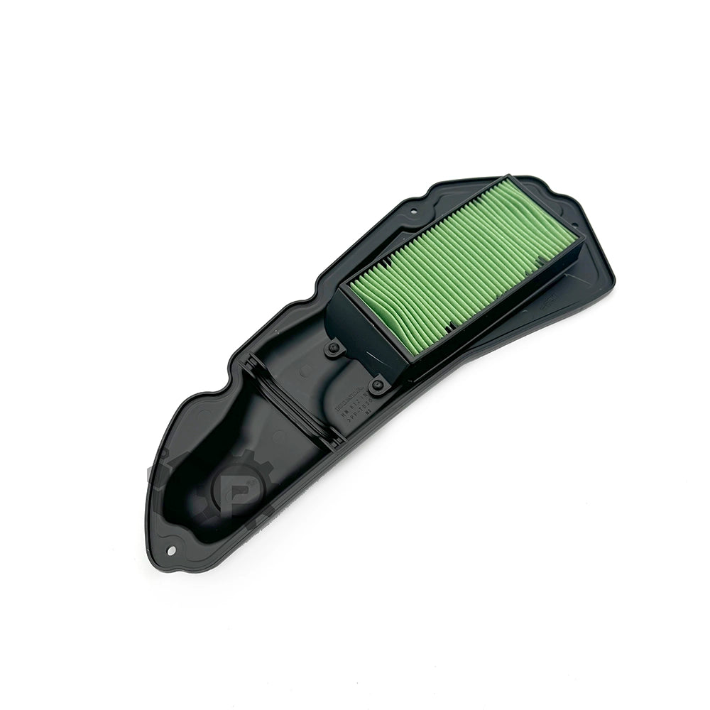 Black air filter with green pleated media on a white background