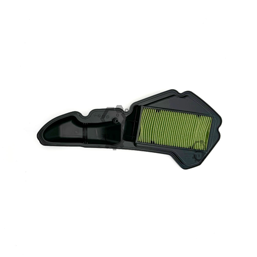 Black air filter with green pleated media on a white background