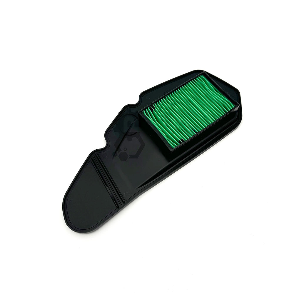 Black air filter with green pleated material on a white background