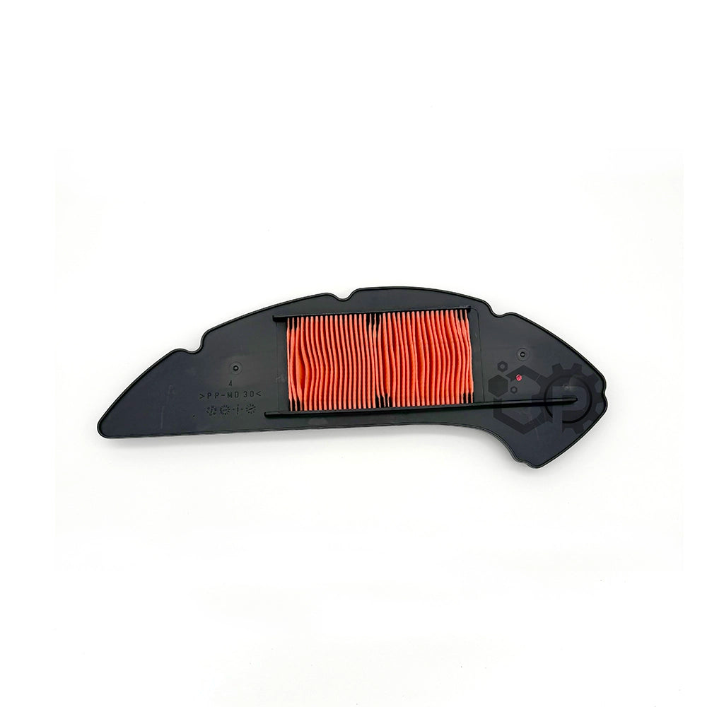 Car air filter with orange pleated media on a white background