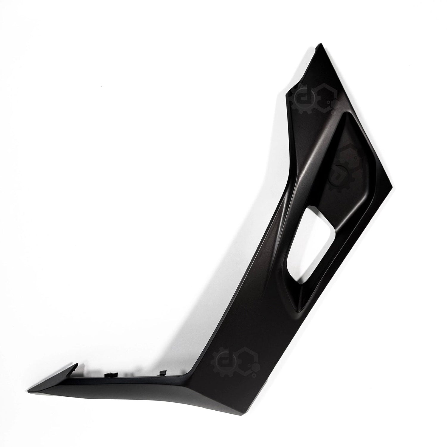 Black motorcycle part with a brand logo on a white background
