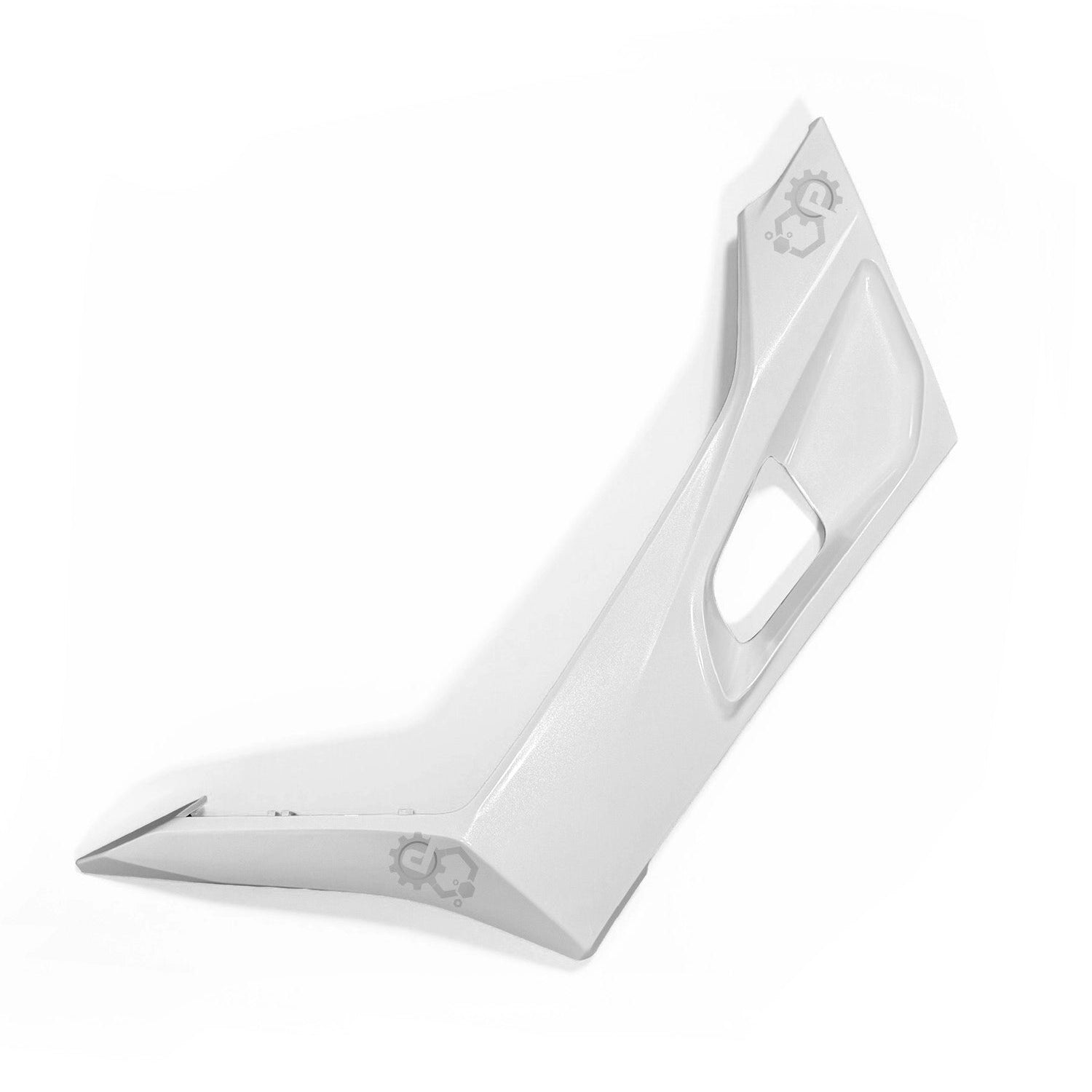 White plastic component with cutouts on a white background