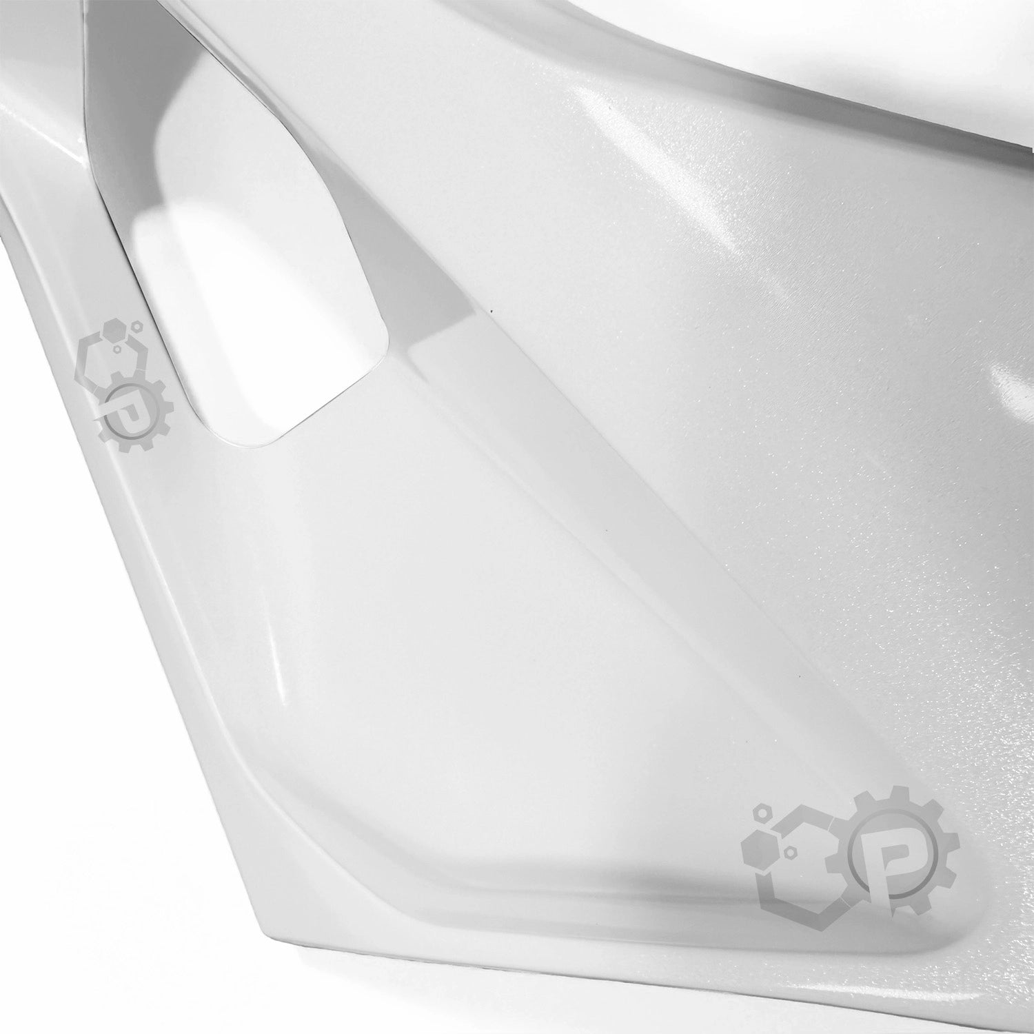 Close-up of a white plastic part with 'P' logo on a white background