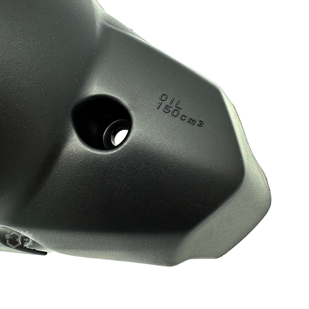 Close-up of a black motorcycle Engine Crankcase Cover  with text on a white background