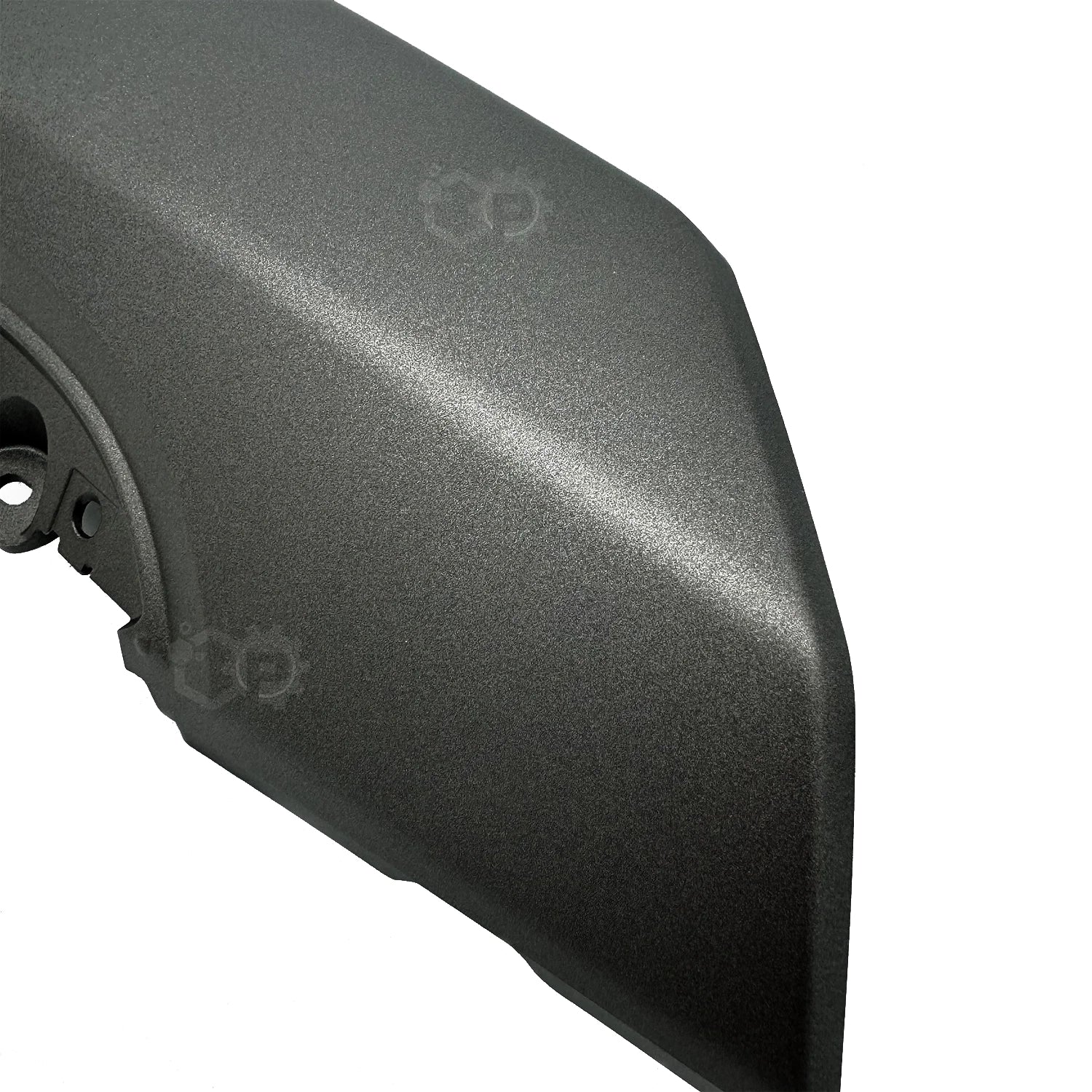 Black motorbike fender with a brand logo on a white background
