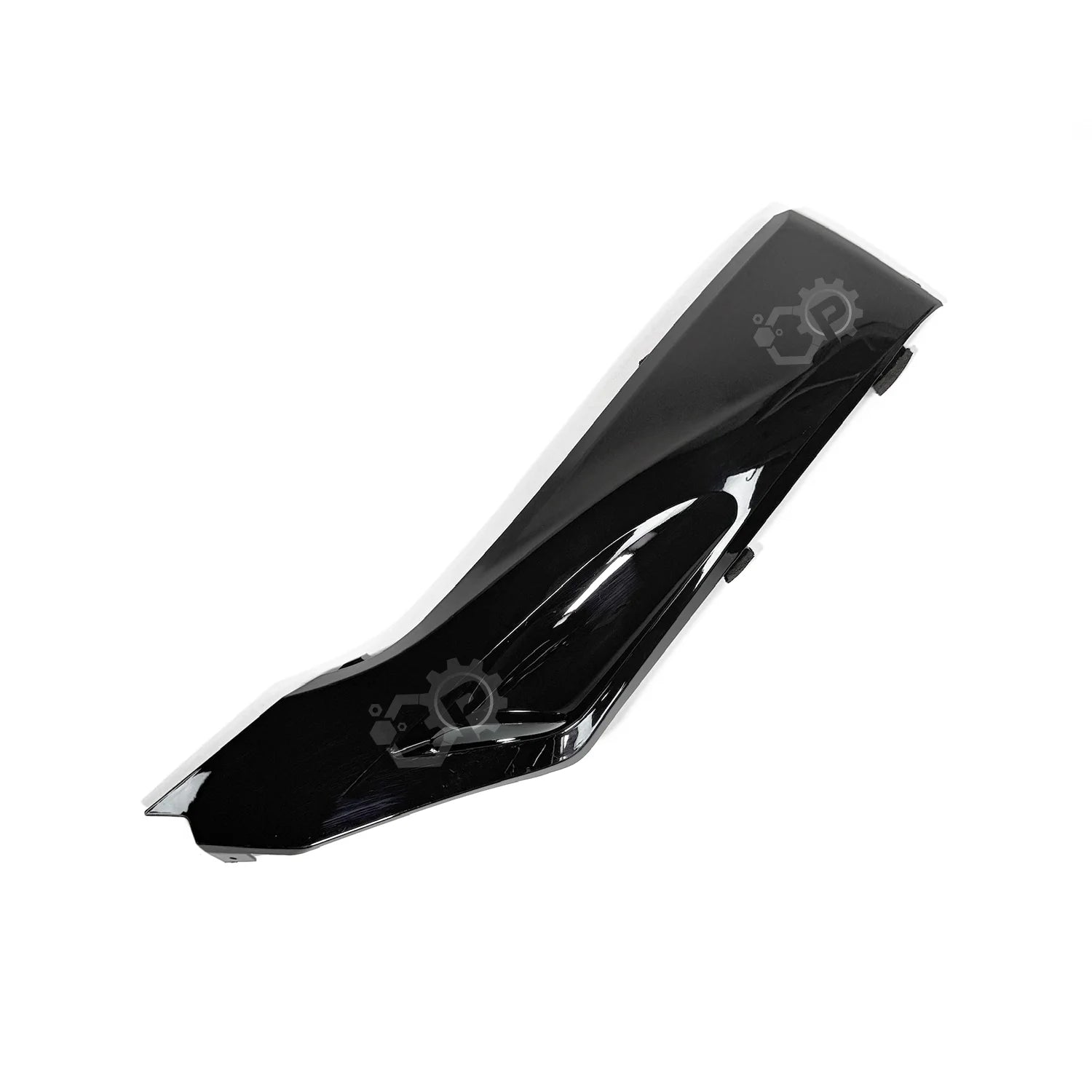 Black motorcycle fairing with brand logo on a white background