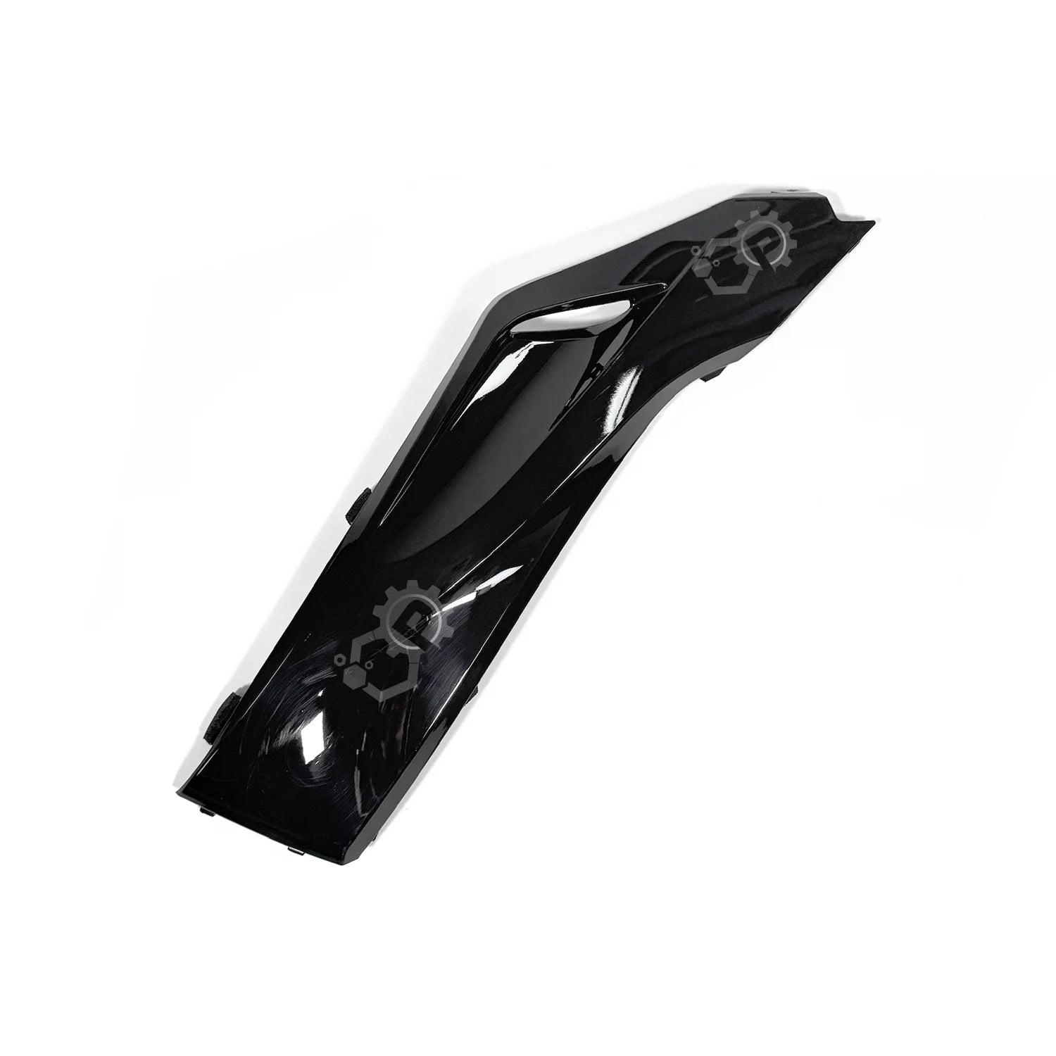 Black motorcycle fender with intricate design on a white background