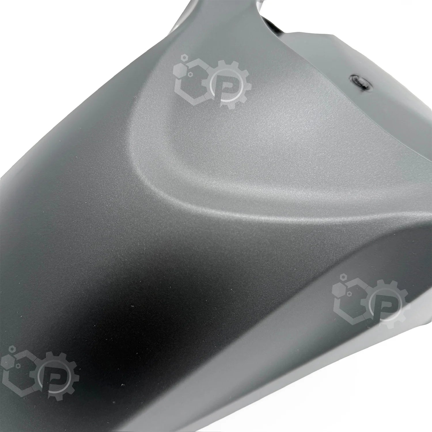 Close-up of a gray motorcycle seat with a brand logo on a white background