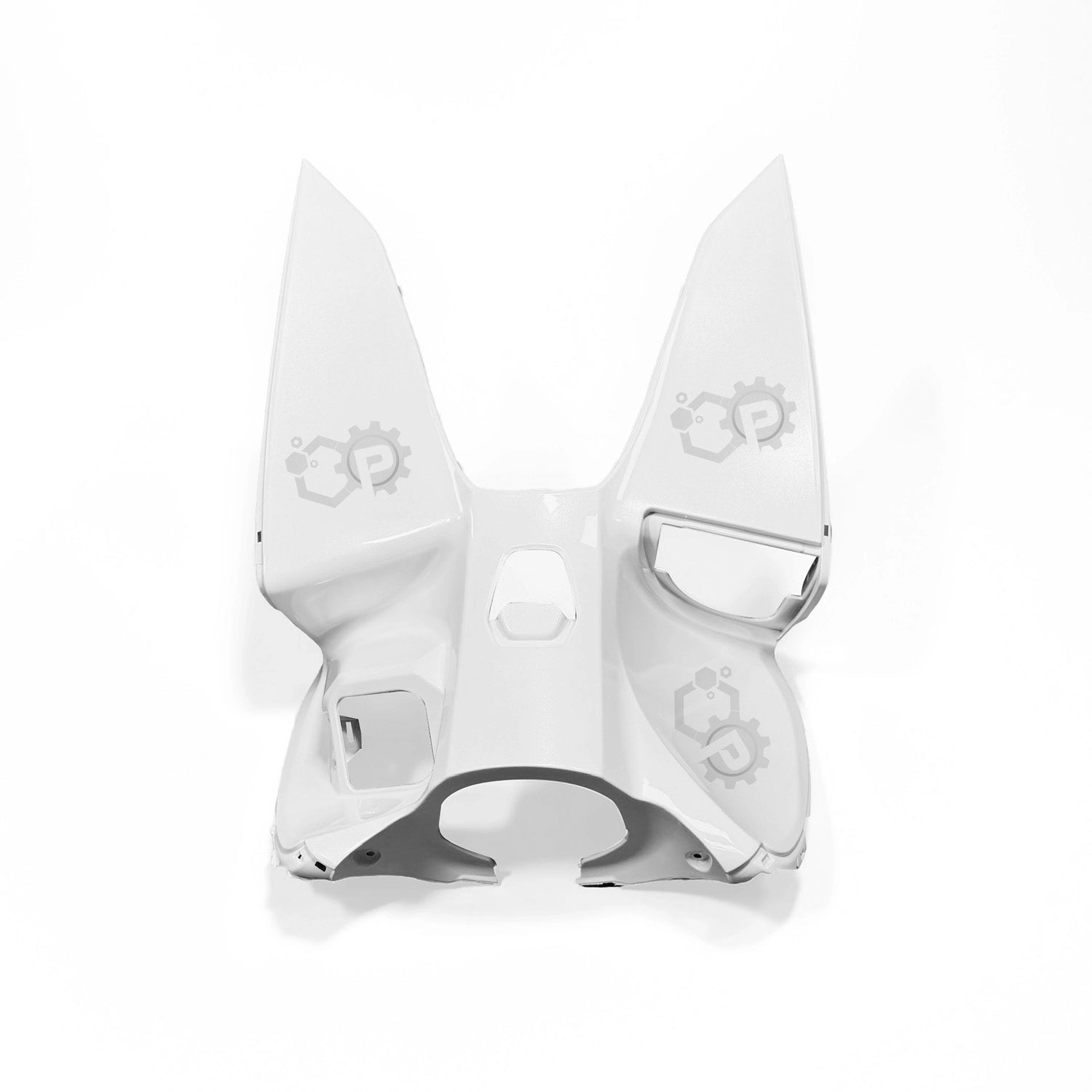 White dog-shaped product with a central circular component on a white background