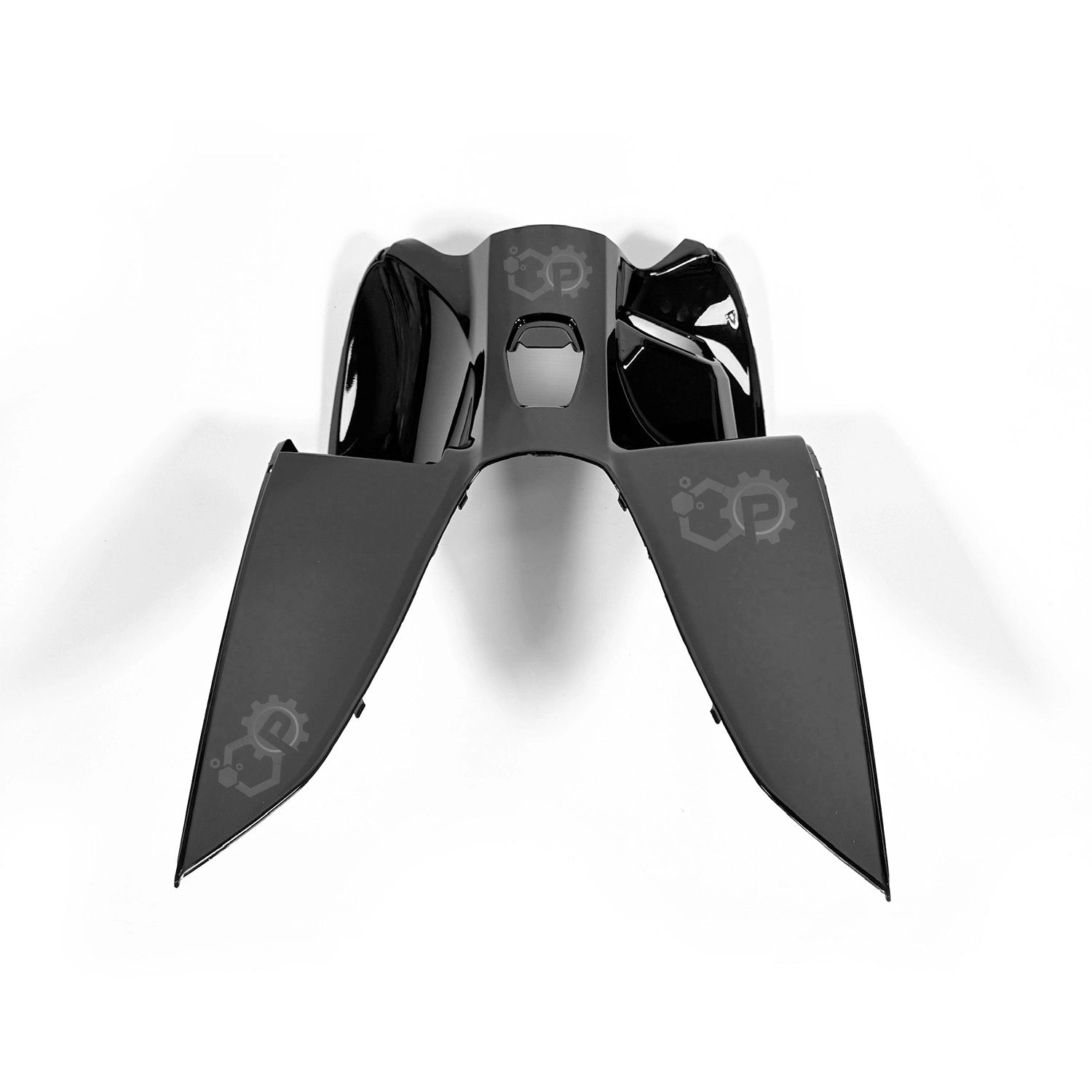 Black motorcycle fairing with brand logo on a white background