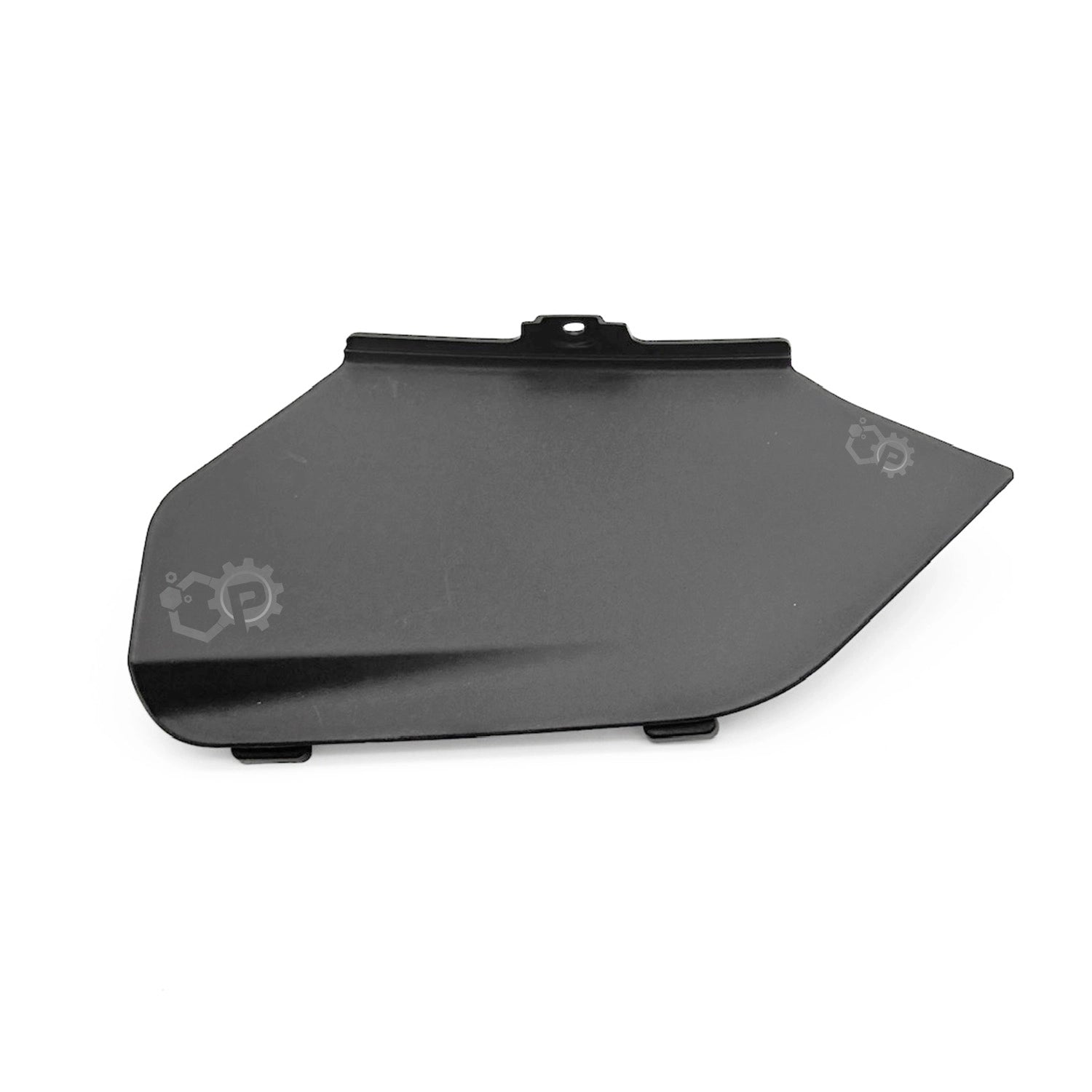 Black plastic fender with gear logo on a white background