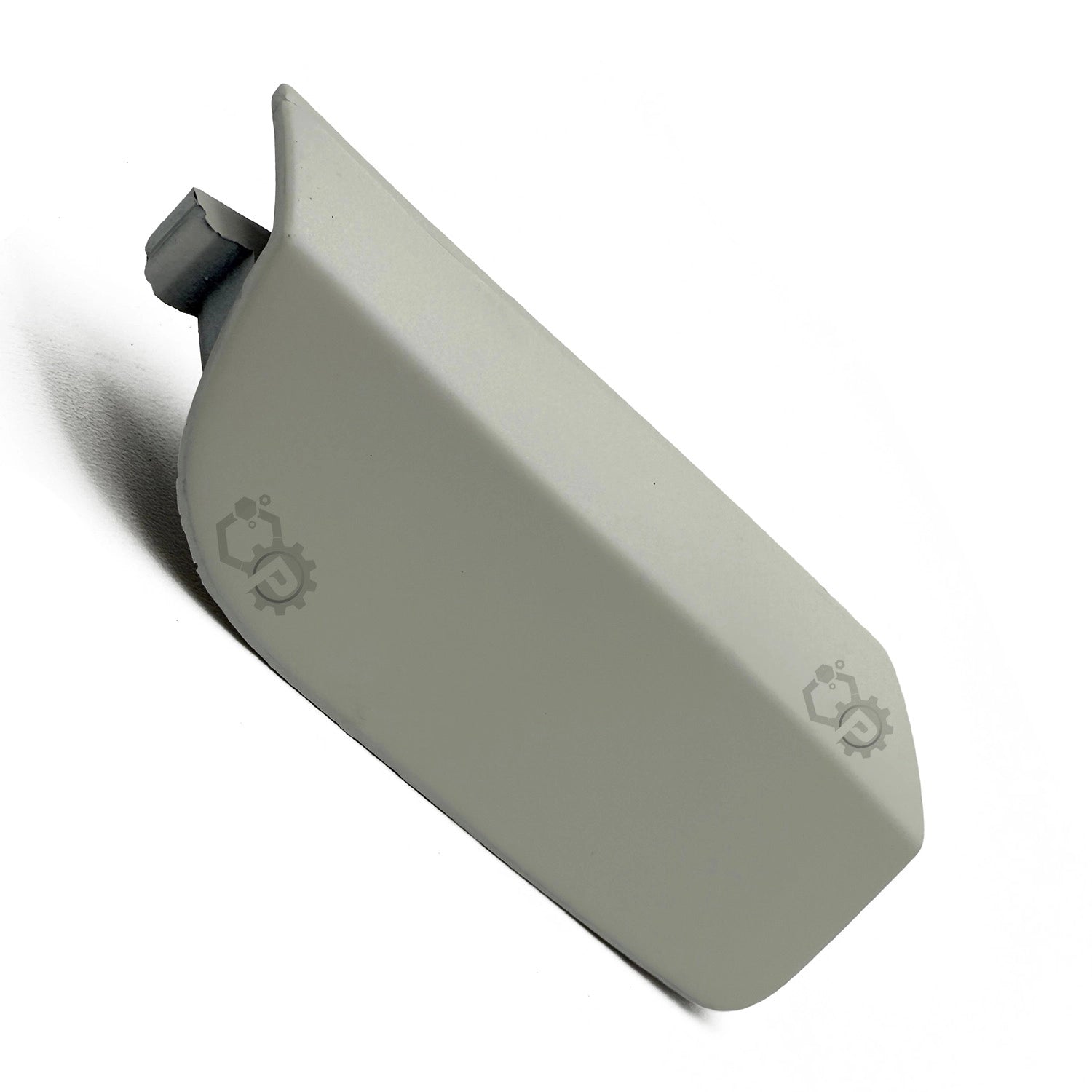 Gray plastic component with a logo on a white background