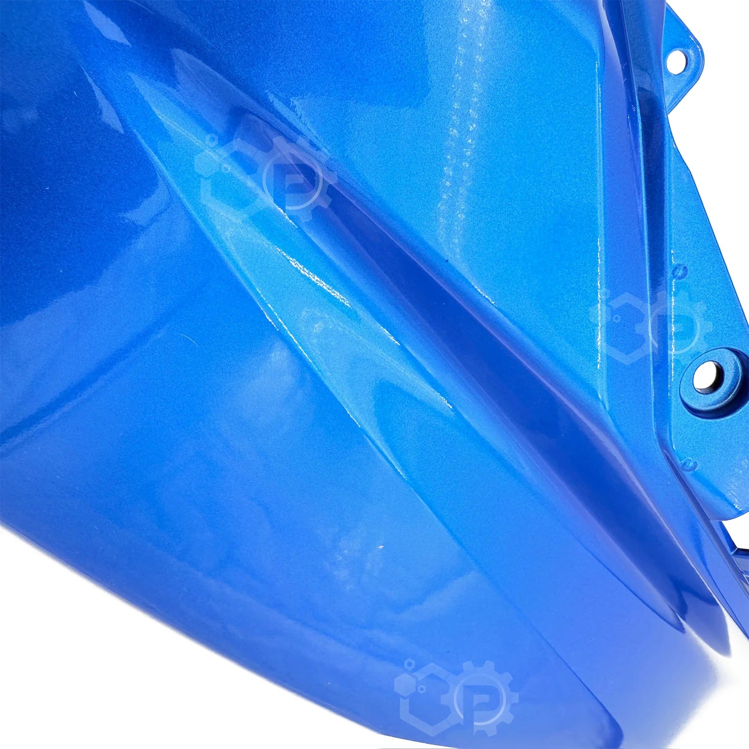 Close-up of a blue plastic cowling yamaha with a clear window on a white background