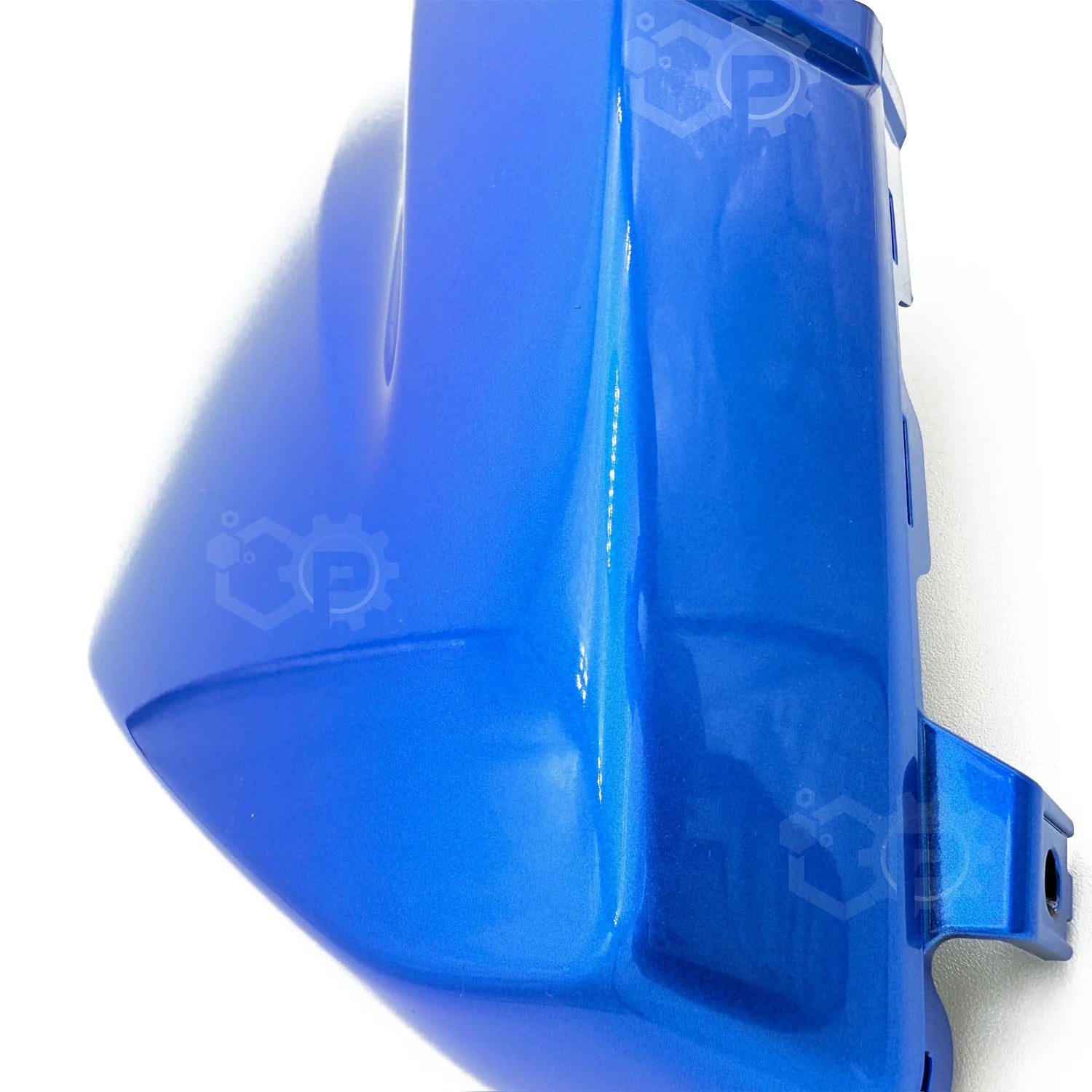 Blue plastic component with a brand logo on a white background