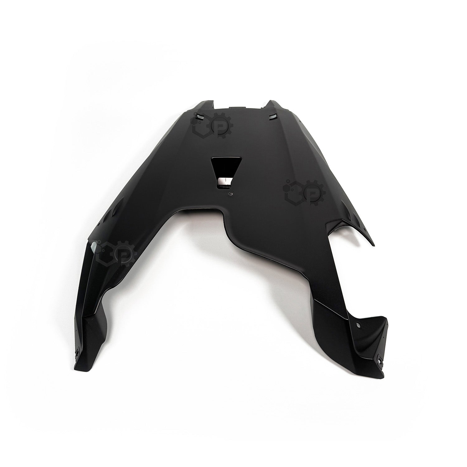 Black plastic motorbike part on a white background