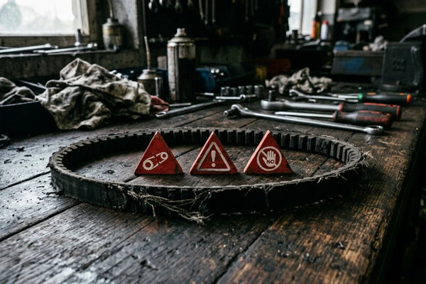 A frayed scooter drive belt laid in a circle on a dark workshop table with three red triangular warning signs placed inside it.