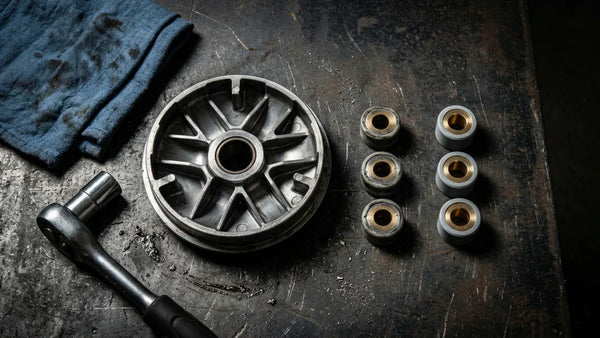 Worn and flat-spotted variator roller weights beside a brand new set, laid out next to an open CVT variator assembly on a workshop bench