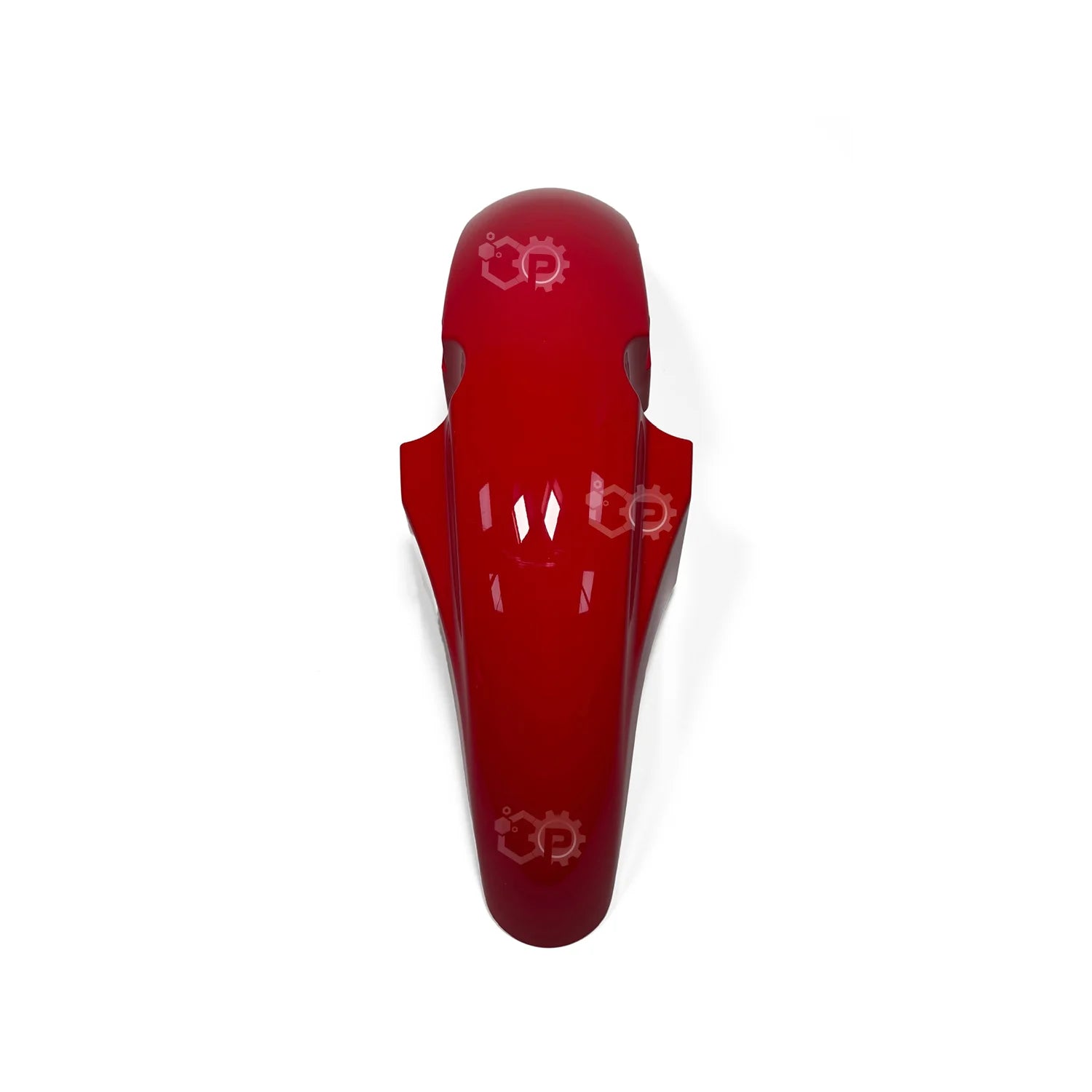 Red motorcycle fender with a brand logo on a white background