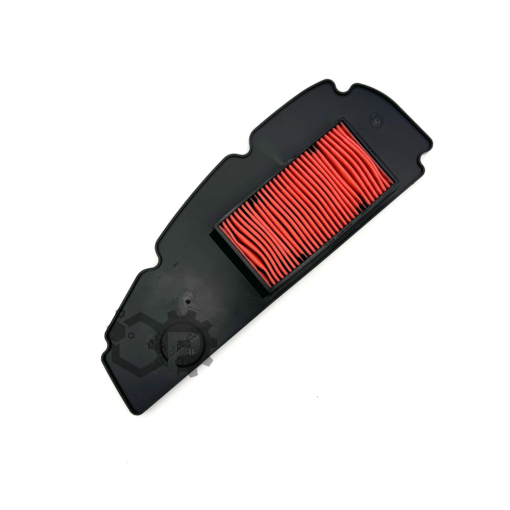 Black air filter with red pleated material on a white background