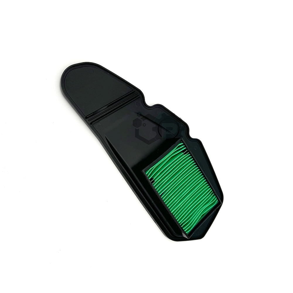 Black air filter with green pleated material on a white background
