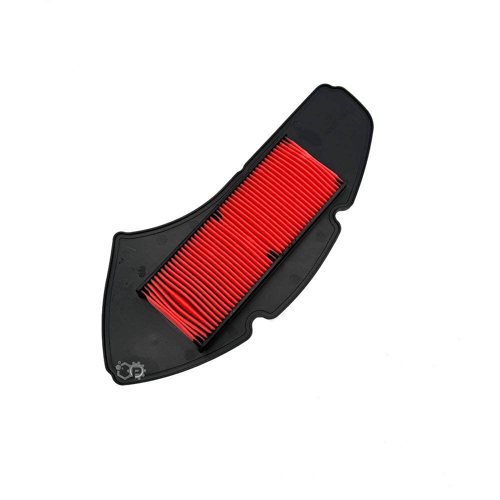 Black air filter with red pleated material on a white background