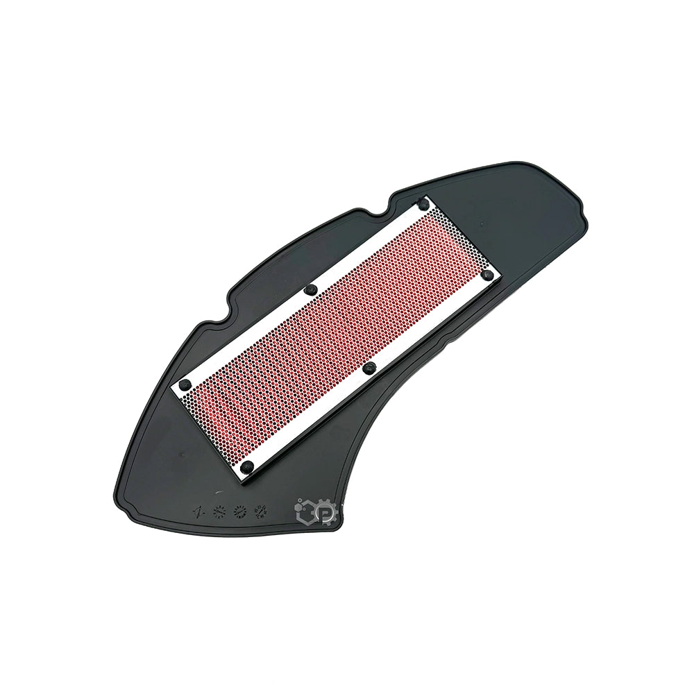 Motorcycle air filter with a black frame and red pleated material on a white background