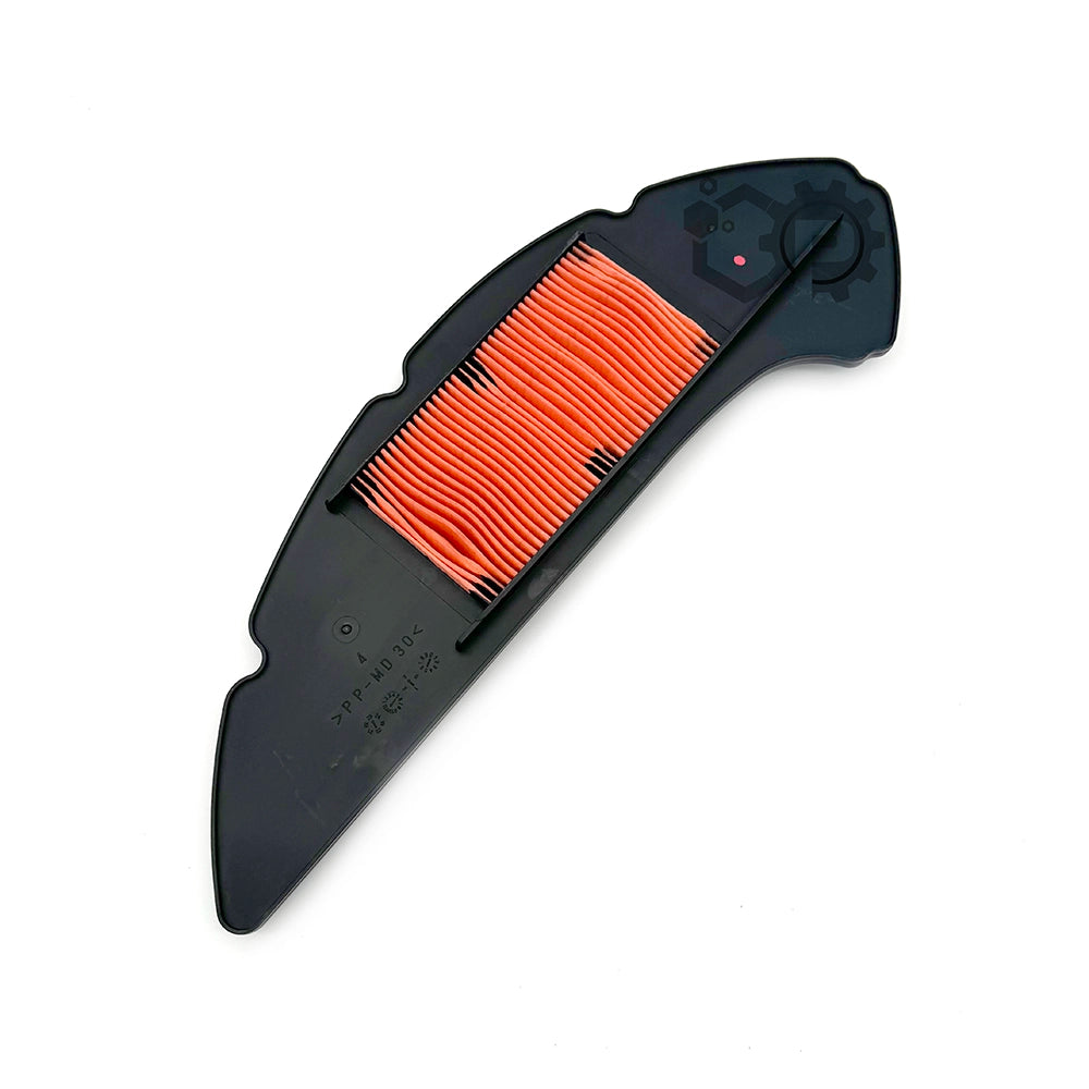 Black air filter with orange pleats on a white background