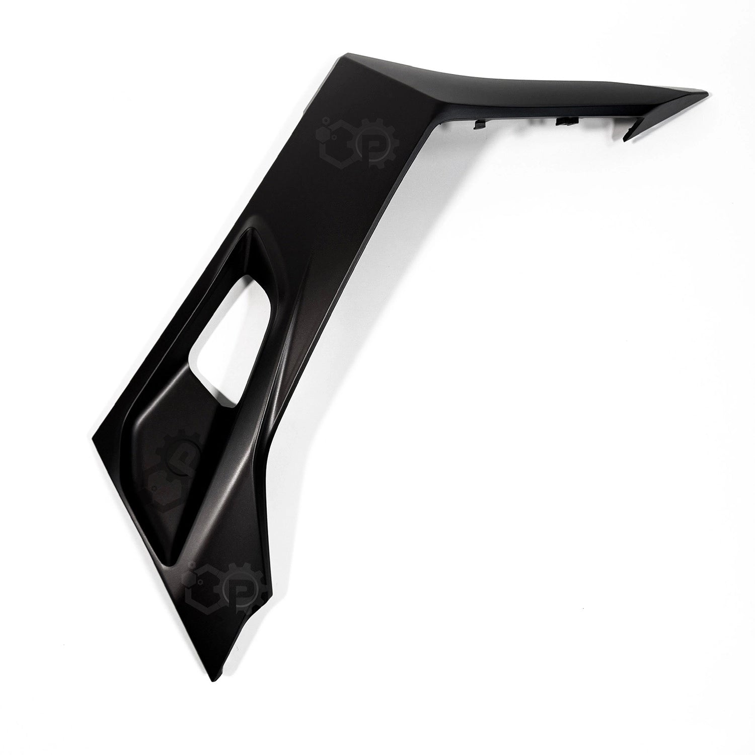 Black motorcycle part with a brand logo on a white background