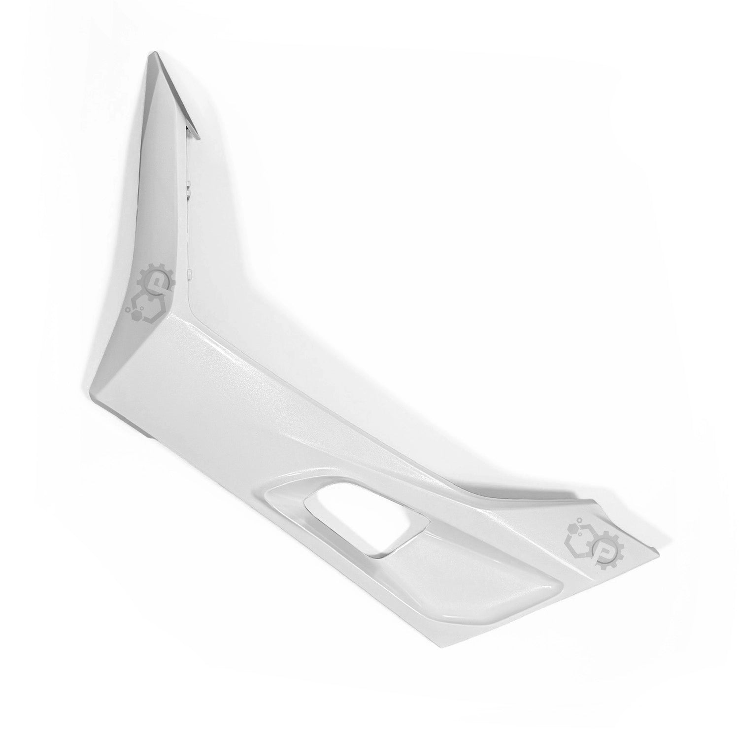 White plastic component with cutouts on a white background