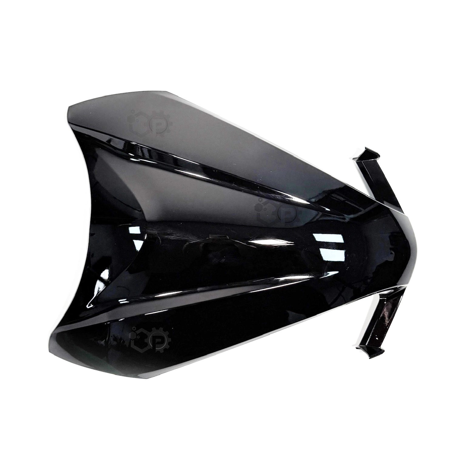 Glossy black motorcycle seat on a white background