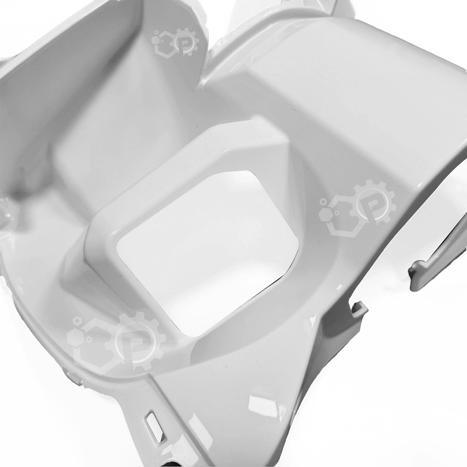 Close-up of a white plastic component with geometric design on a white background