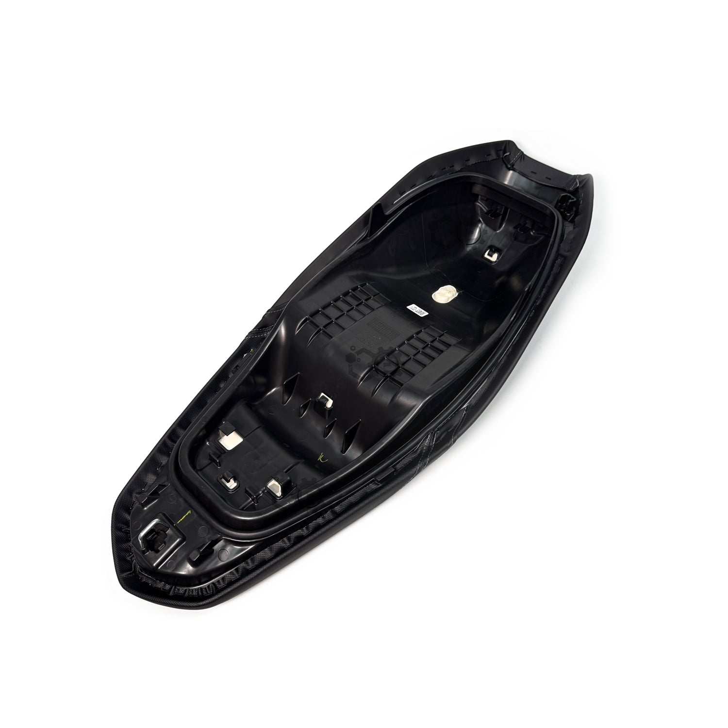 Black plastic component on a white background