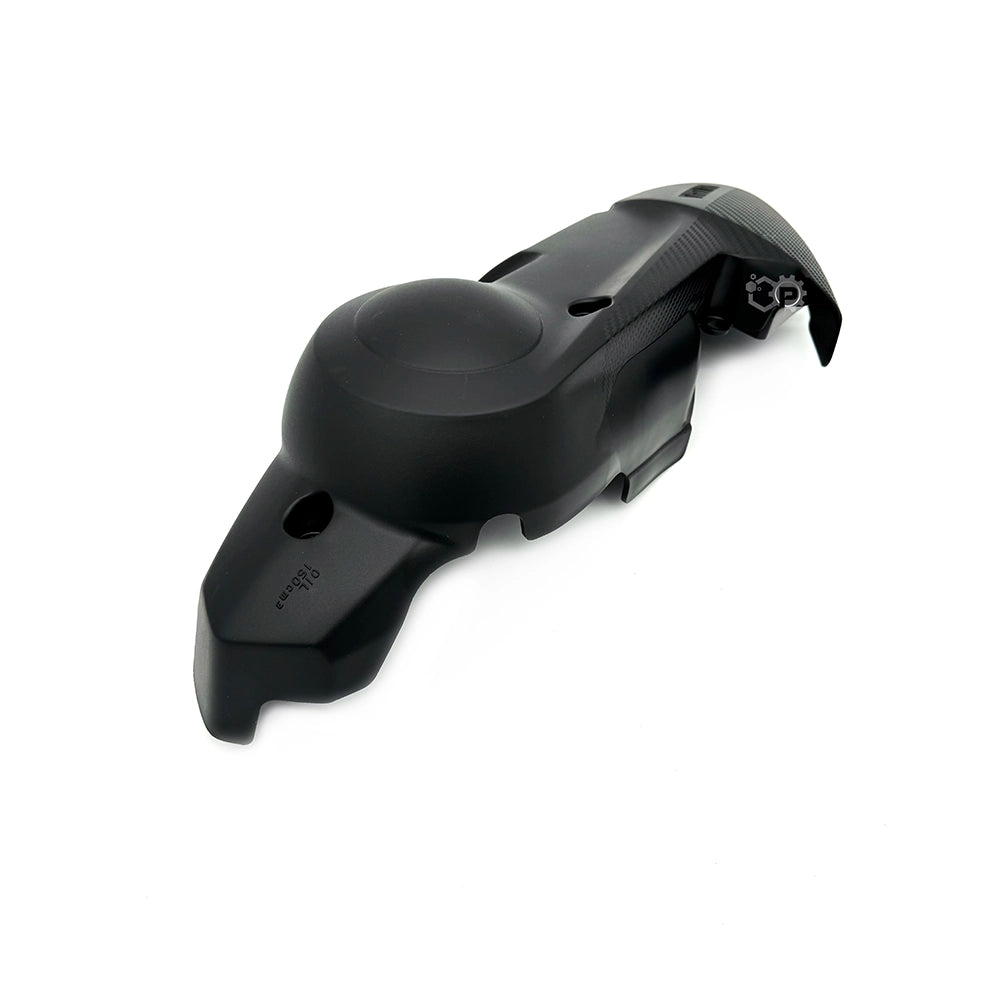 Black motorcycle engine case on a white background