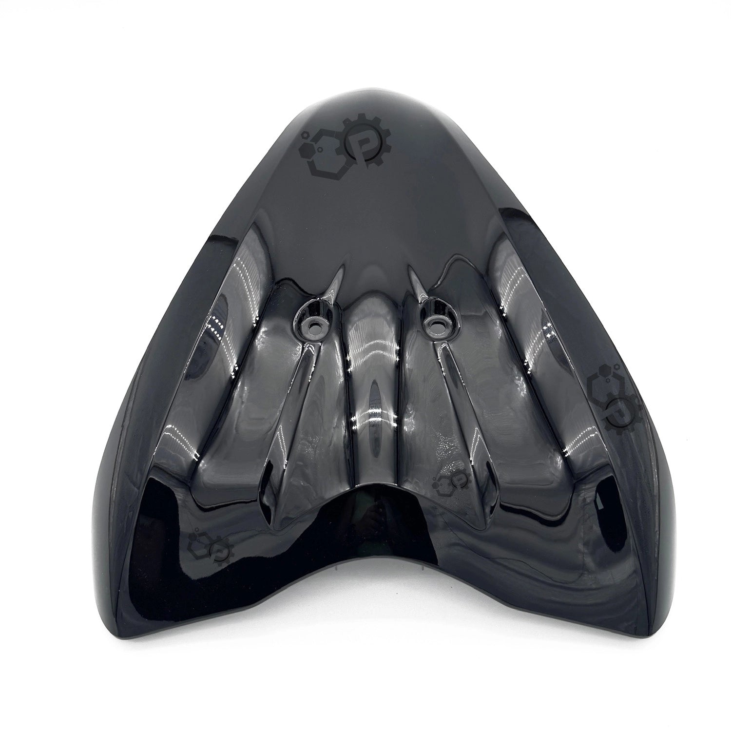 Black motorcycle seat with a brand logo on a white background