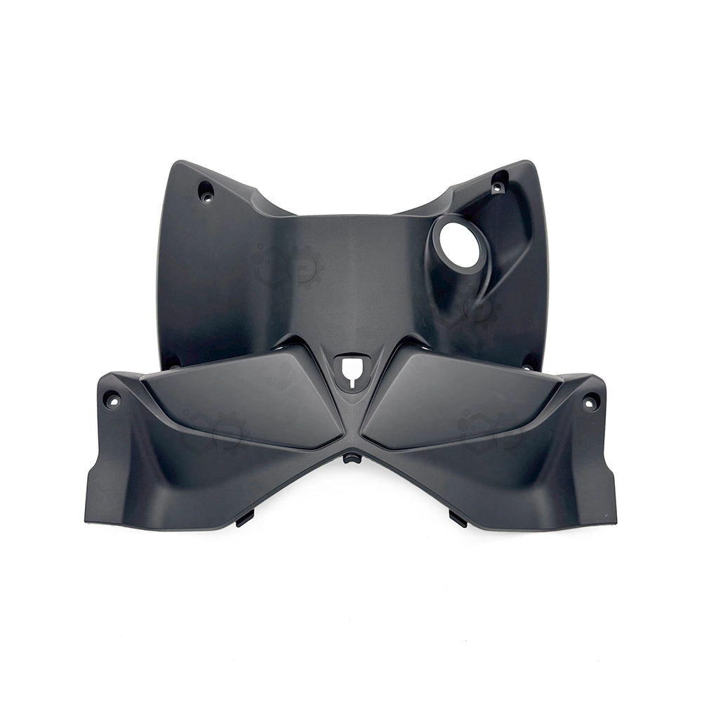 Two black plastic motorcycle fairing panels on a white background