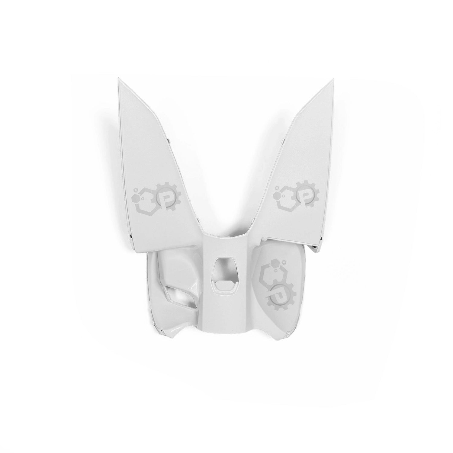 White butterfly-shaped object with a brand logo on a white background