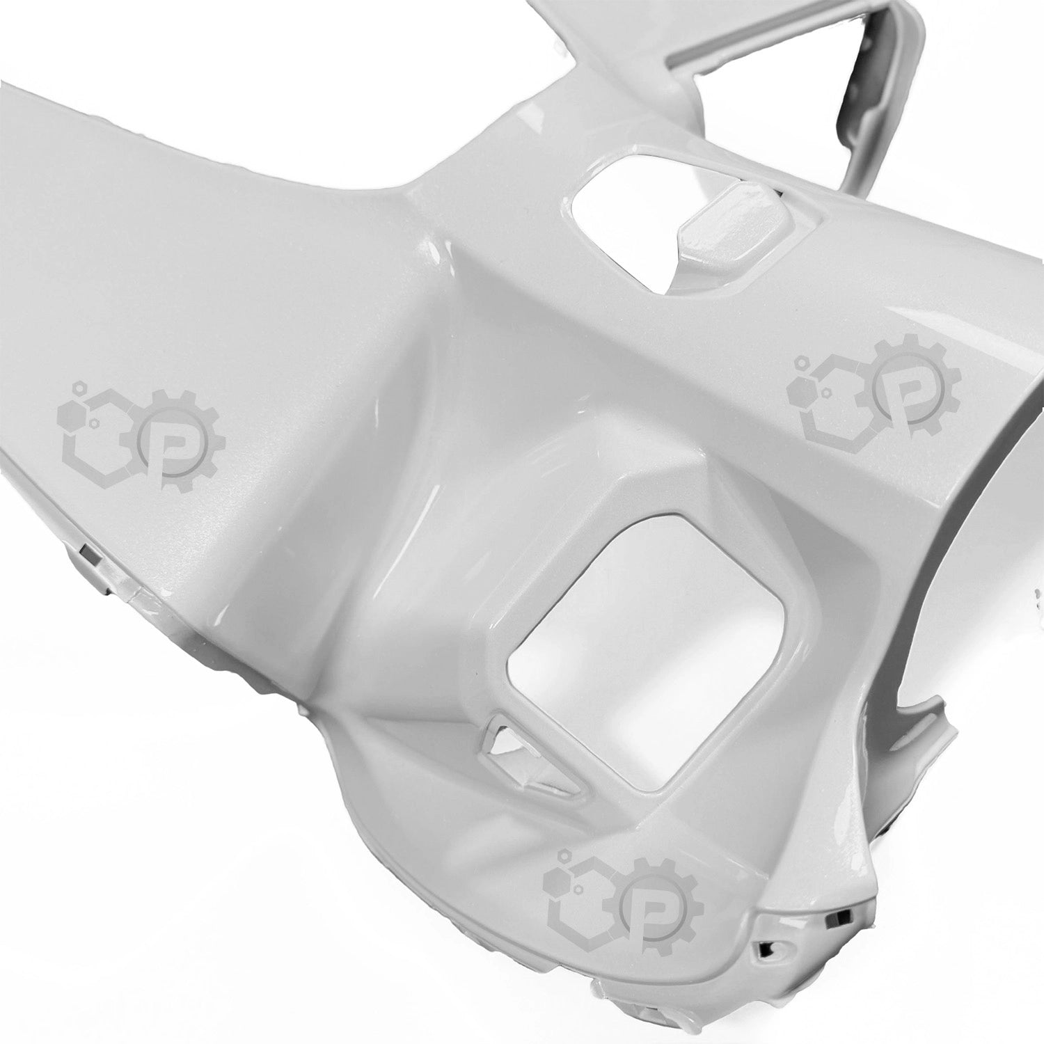 White motorcycle fairing with brand logo on a white background