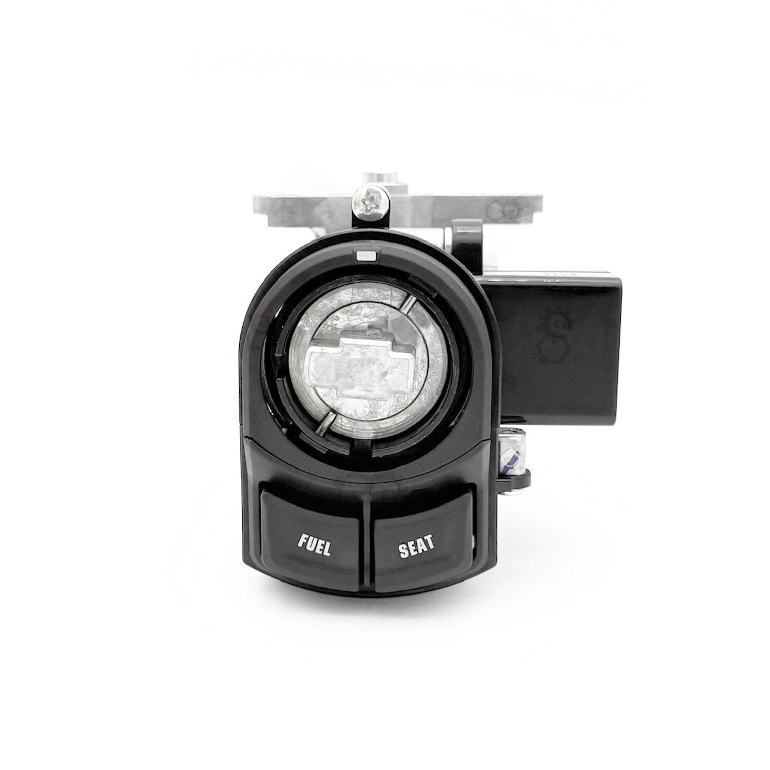 Black motorcycle fuel tank mount with 'Fuel' and 'Seat' labels on a white background
