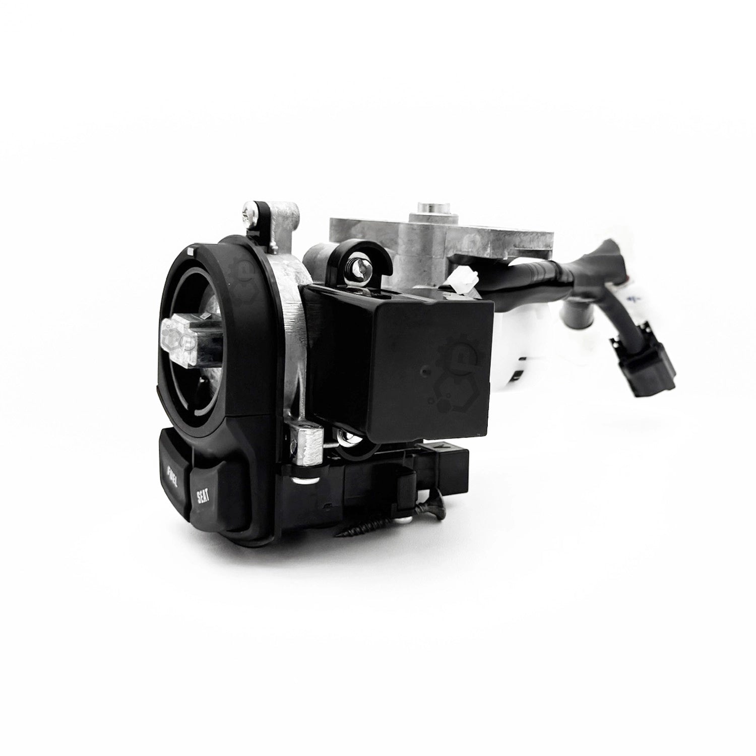 Mechanical device with a lens-like component on a white background