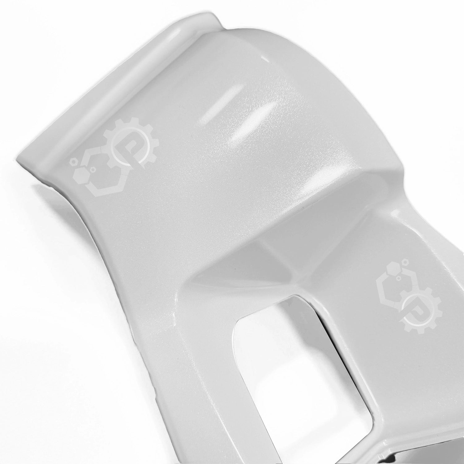 White plastic component with a brand logo on a white background