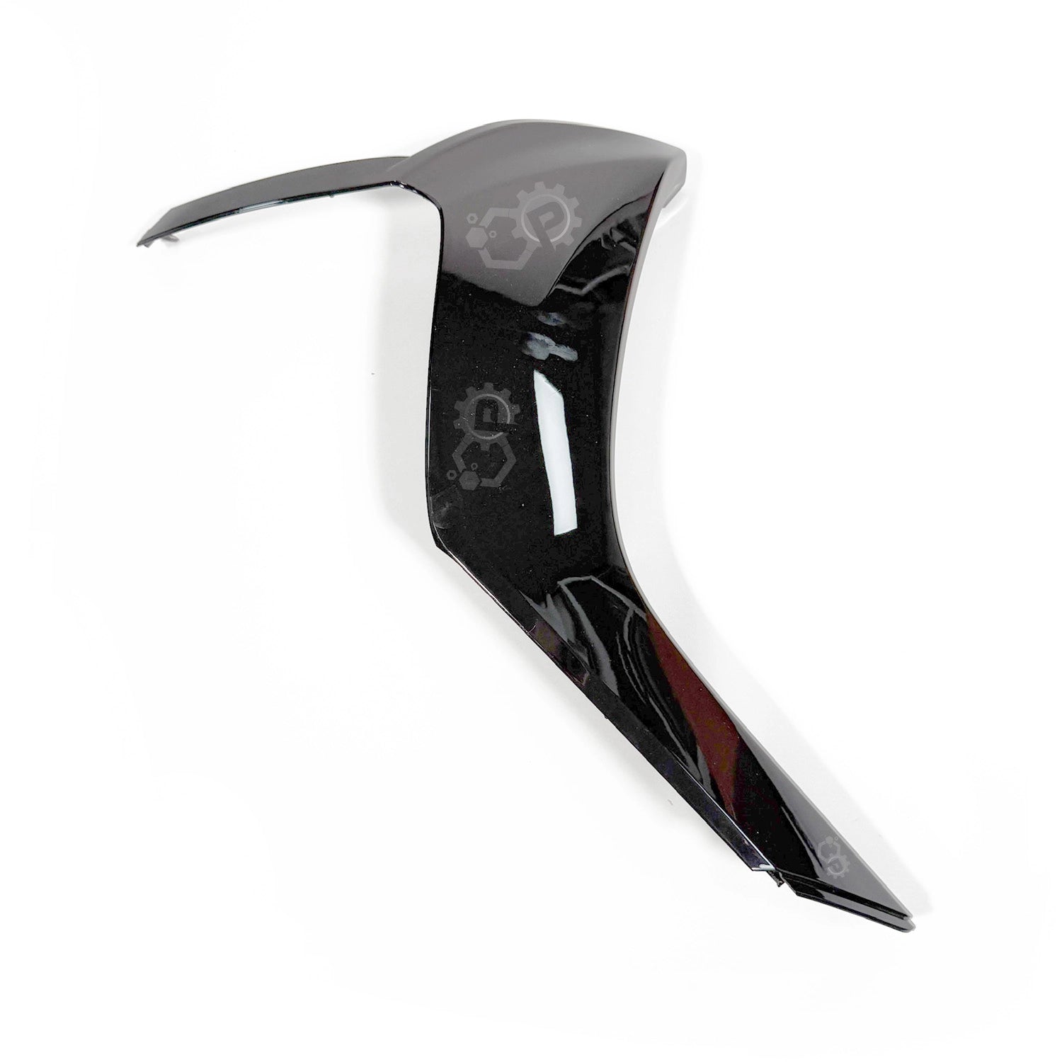 Black motorcycle fairing with branding on a white background