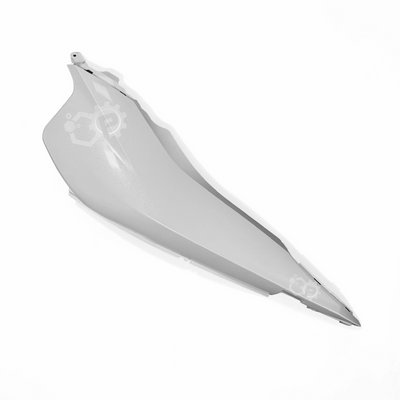 White plastic fender with branding on a white background