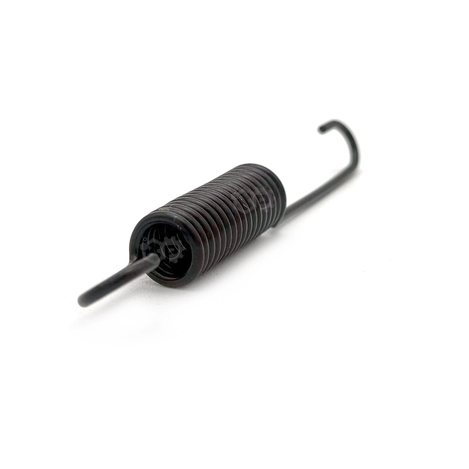 Black metal spring with a hook on a white background
